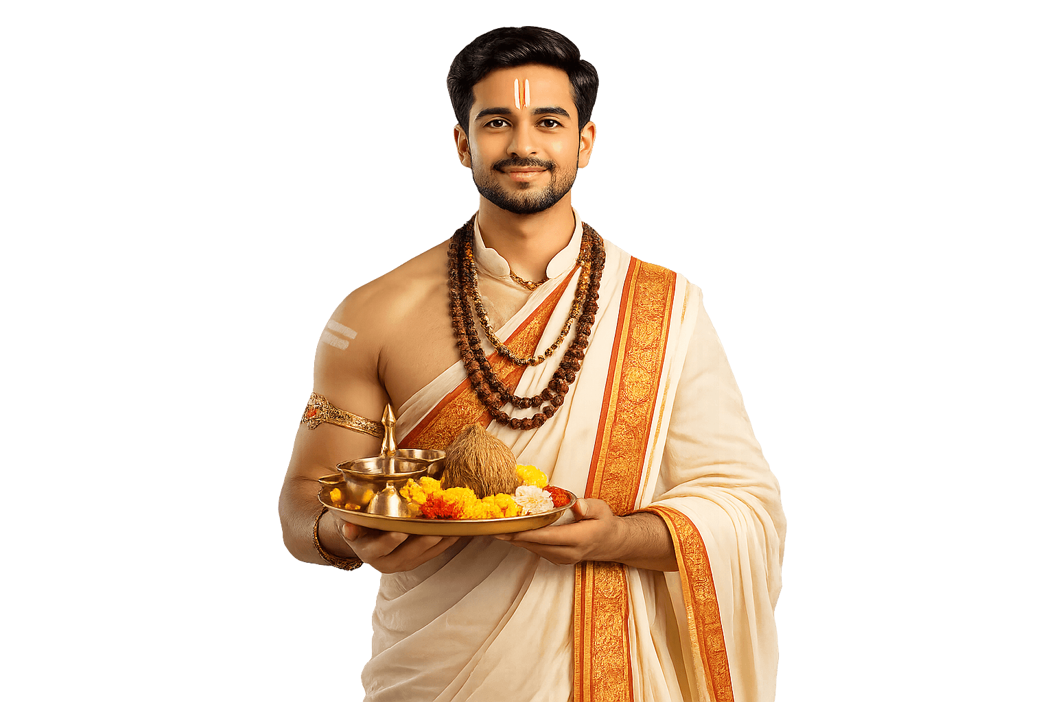 A priest holding a brass puja thali and a Dharma Seva delivery box