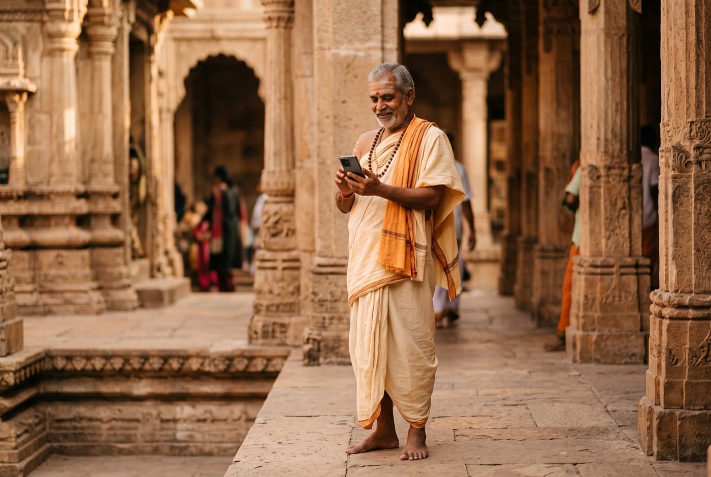 A priest reading a puja list on his phone in a temple courtyard
