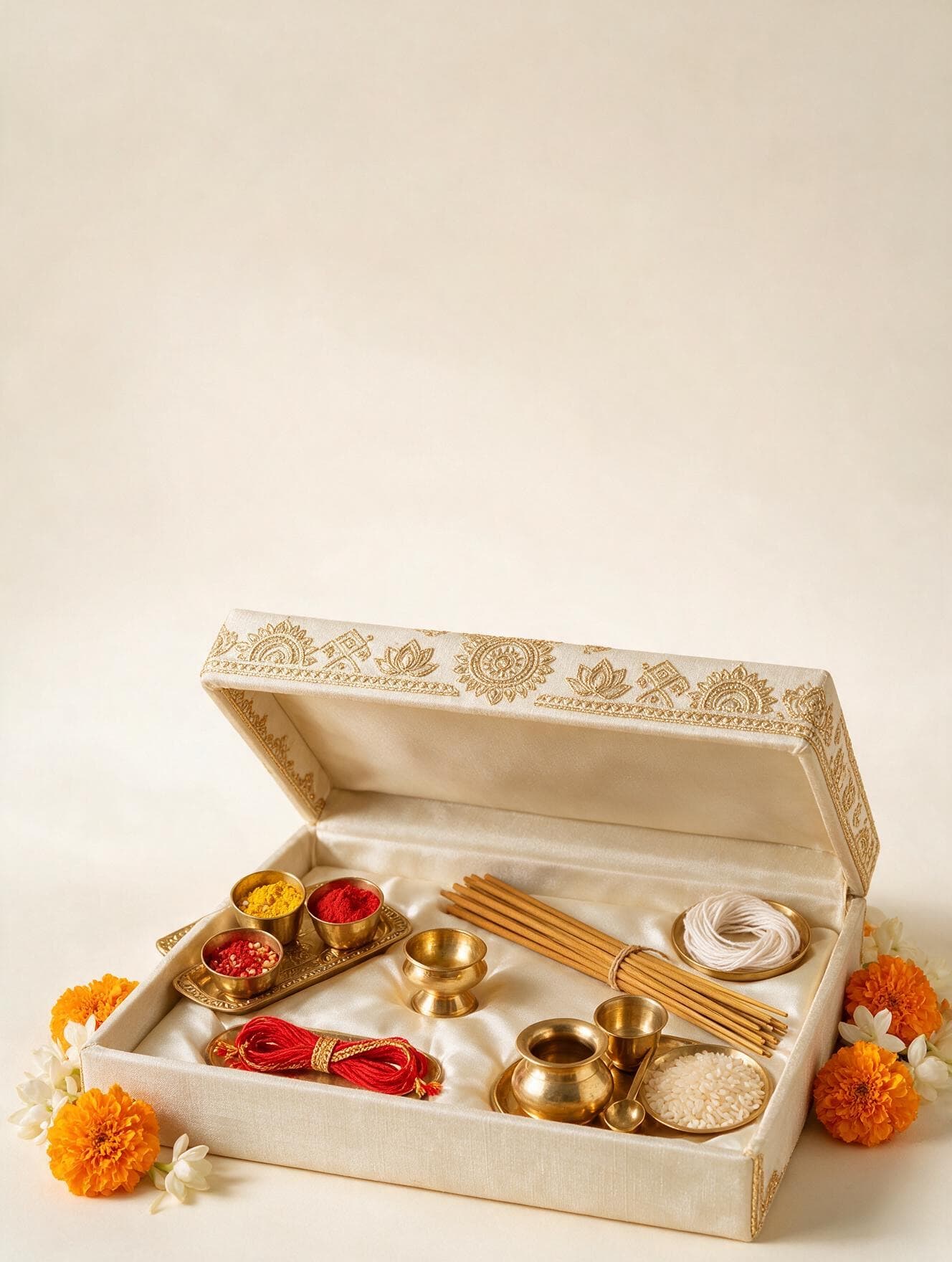 An open pooja kit box with kumkum, turmeric, diya, incense, brass vessels and flowers