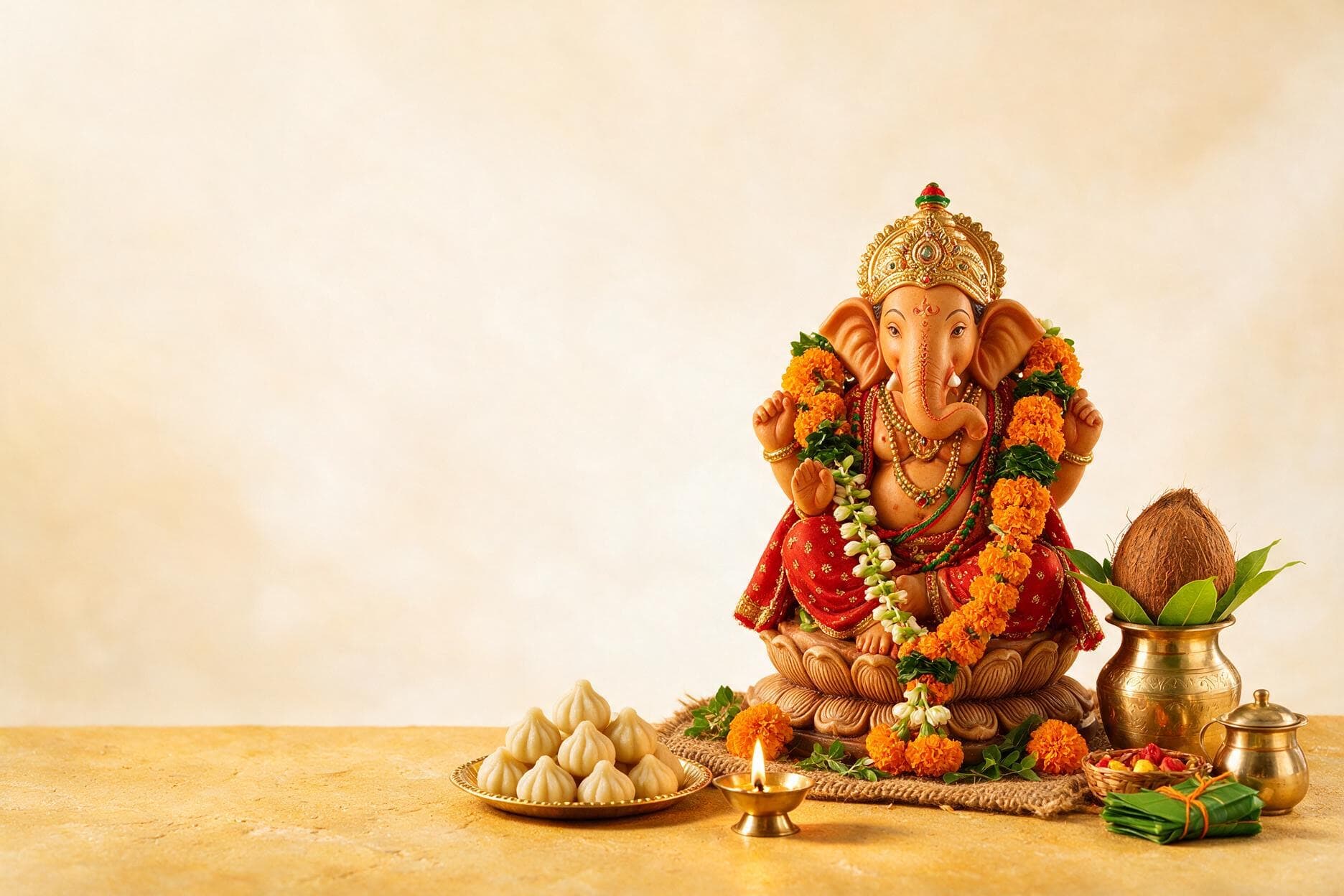 Decorated Ganesha idol with kalash, marigold garlands, diyas and modak arranged for Ganesh Chaturthi pooja