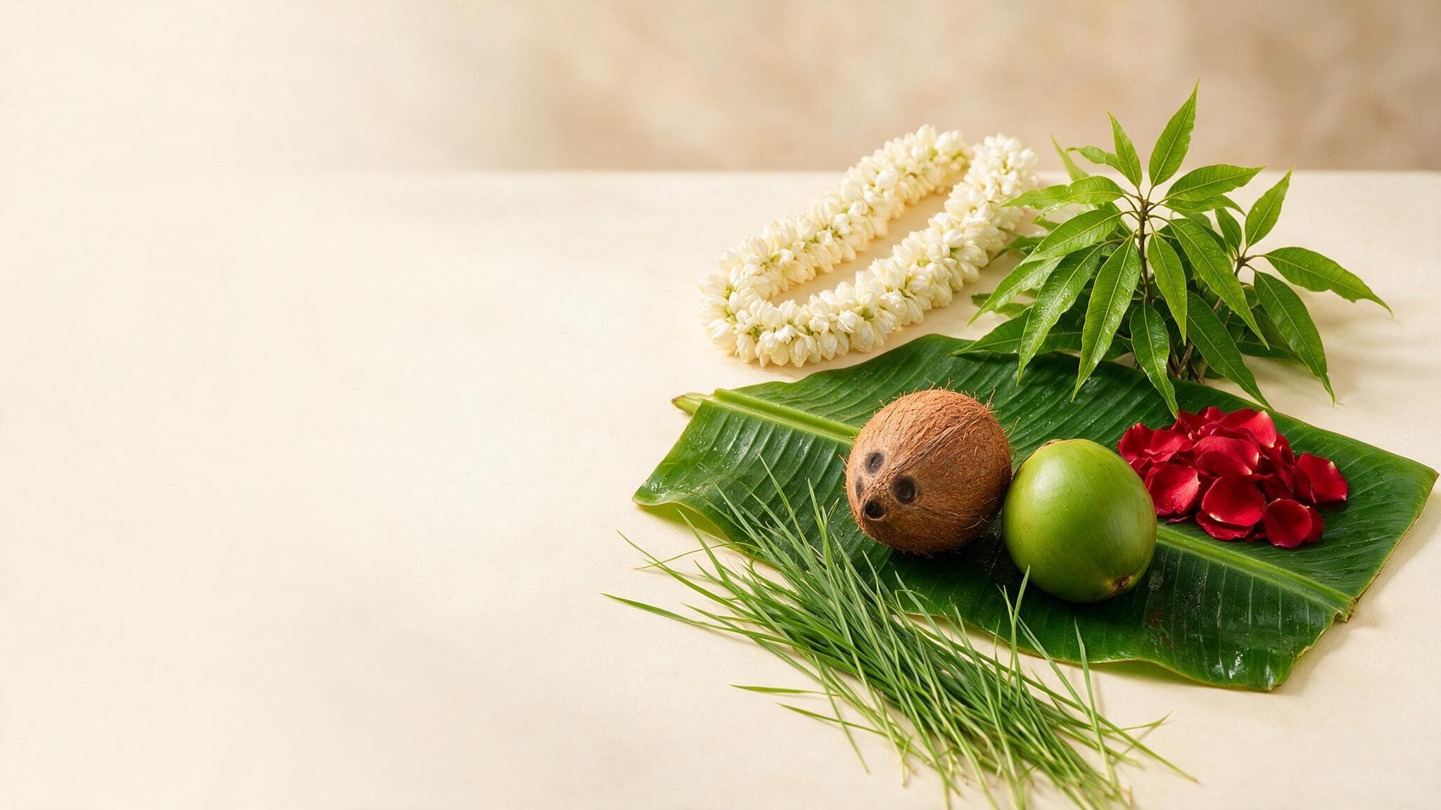 Fresh jasmine garlands, mango leaves, coconuts and rose petals arranged as pooja offerings