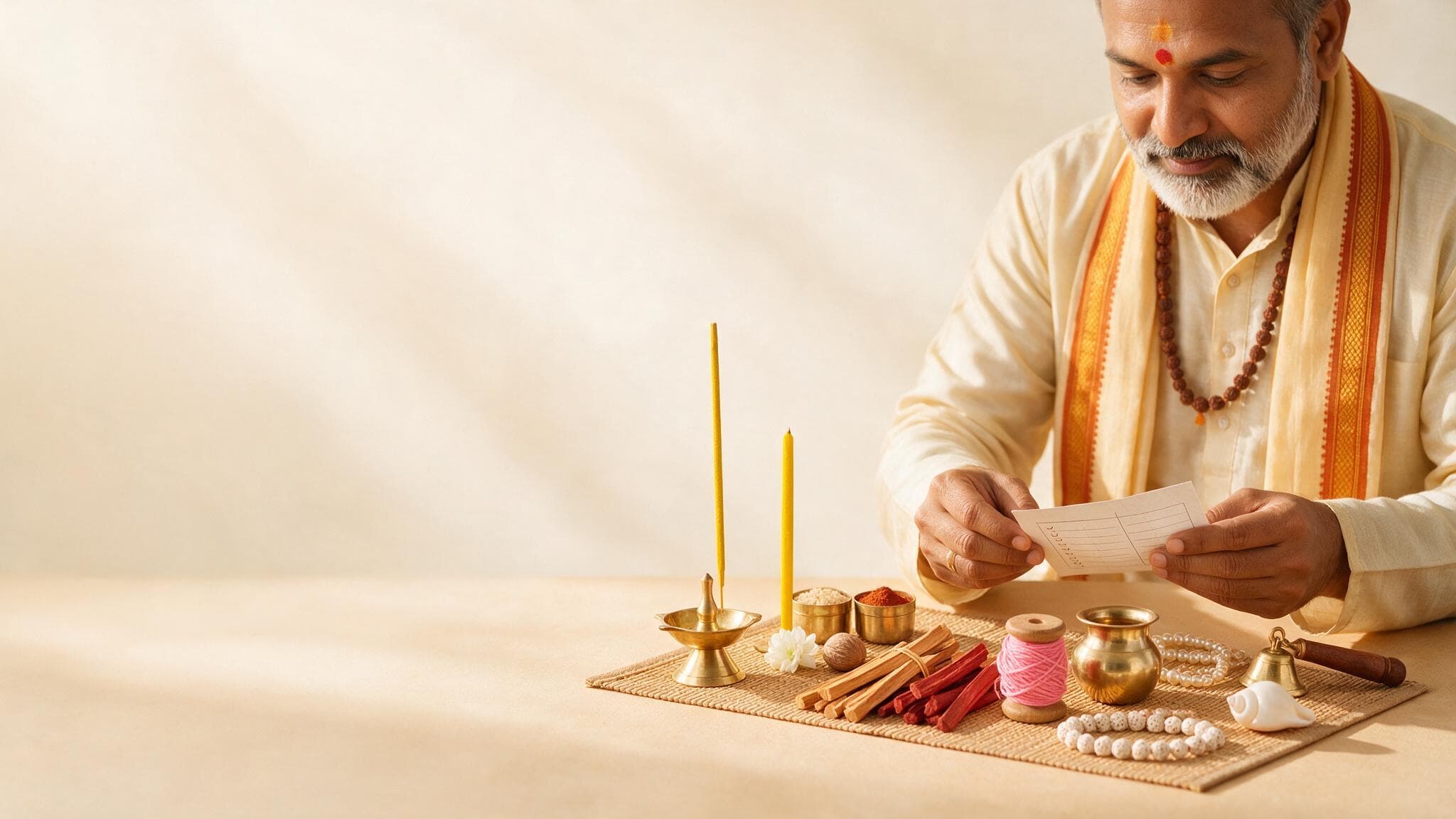 A priest reviewing a checklist beside a neat arrangement of pooja products